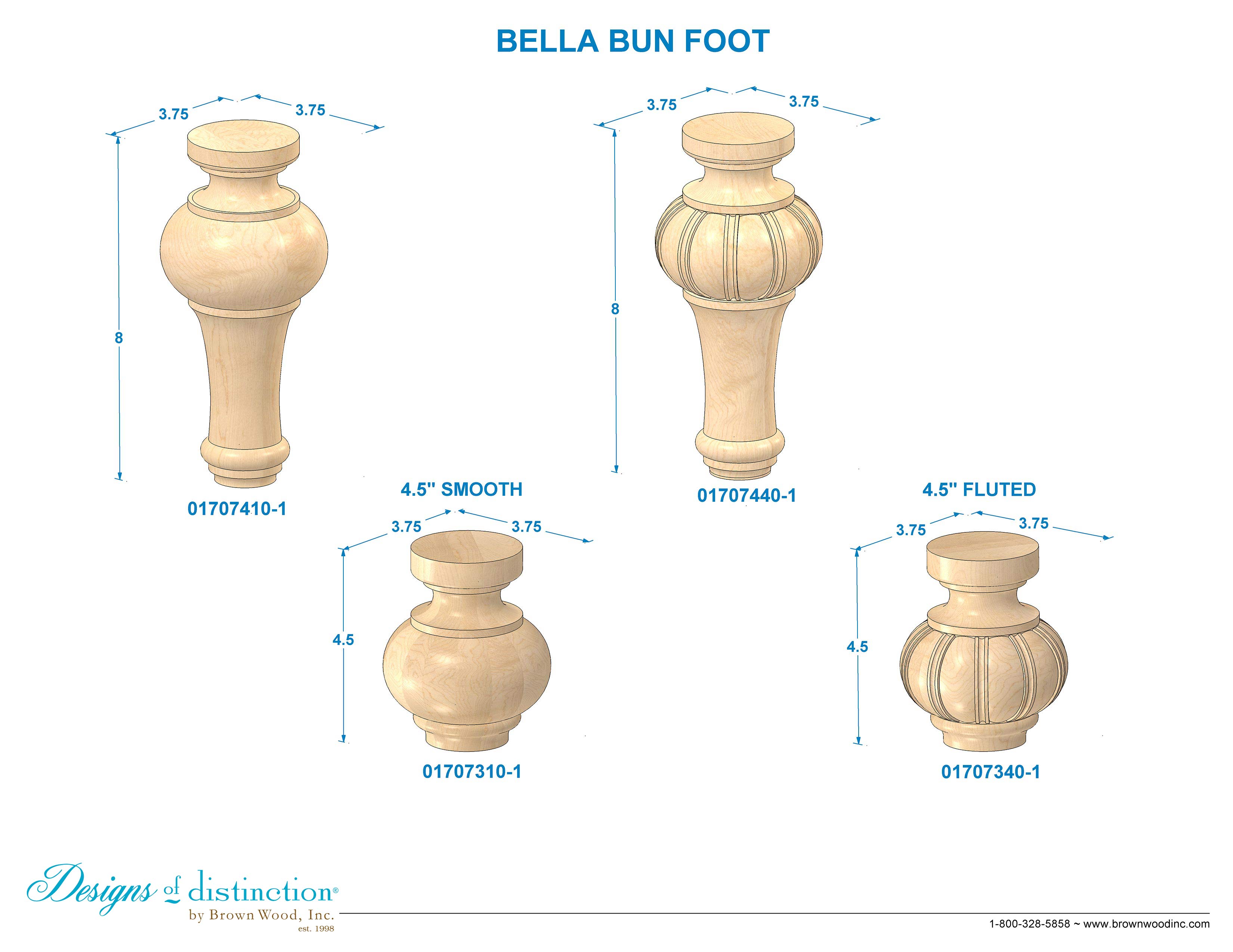 Hand Carved 8" Fluted Bella Bun Foot & Furniture Components